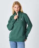 Unisex Koyu Yeşil Beyaz Logo Organik Pamuklu Yarım Fermuarlı Yüksek Yaka Standart Kesim Sweatshirt