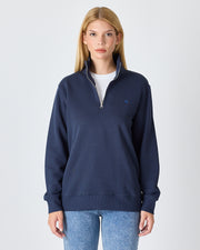Unisex Lacivert Mavi Nakışlı Yarım Fermuarlı Yüksek Yaka Organik Pamuk Standart Kalıp Sweatshirt