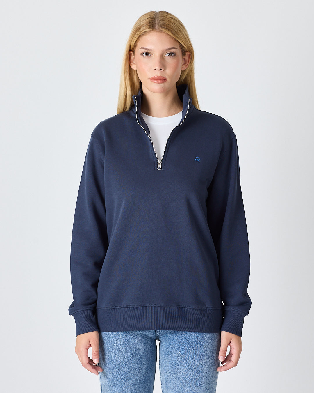 Unisex Lacivert Mavi Nakışlı Yarım Fermuarlı Yüksek Yaka Organik Pamuk Standart Kalıp Sweatshirt