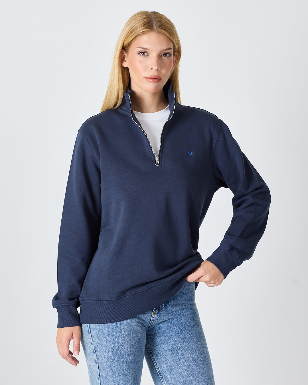Unisex Lacivert Mavi Nakışlı Yarım Fermuarlı Yüksek Yaka Organik Pamuk Standart Kalıp Sweatshirt