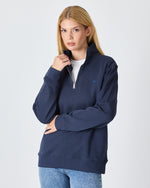 Unisex Lacivert Mavi Nakışlı Yarım Fermuarlı Yüksek Yaka Organik Pamuk Standart Kalıp Sweatshirt