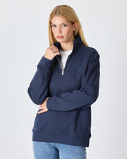Unisex Lacivert Mavi Nakışlı Yarım Fermuarlı Yüksek Yaka Organik Pamuk Standart Kalıp Sweatshirt
