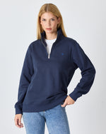 Unisex Lacivert Mavi Nakışlı Yarım Fermuarlı Yüksek Yaka Organik Pamuk Standart Kalıp Sweatshirt