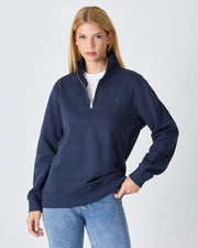 Unisex Lacivert Mavi Nakışlı Yarım Fermuarlı Yüksek Yaka Organik Pamuk Standart Kalıp Sweatshirt