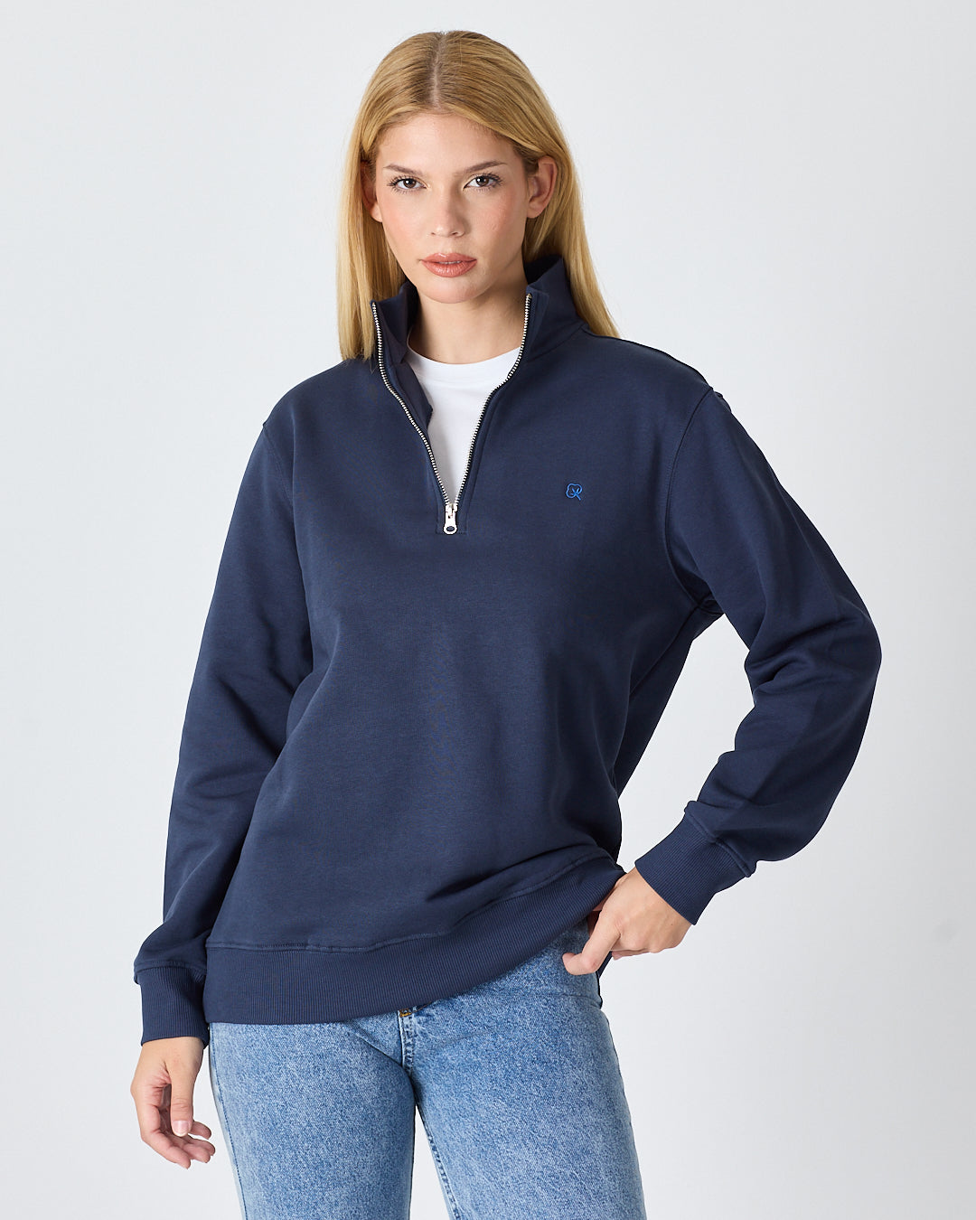 Unisex Lacivert Mavi Nakışlı Yarım Fermuarlı Yüksek Yaka Organik Pamuk Standart Kalıp Sweatshirt