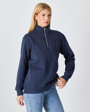 Unisex Lacivert Mavi Nakışlı Yarım Fermuarlı Yüksek Yaka Organik Pamuk Standart Kalıp Sweatshirt