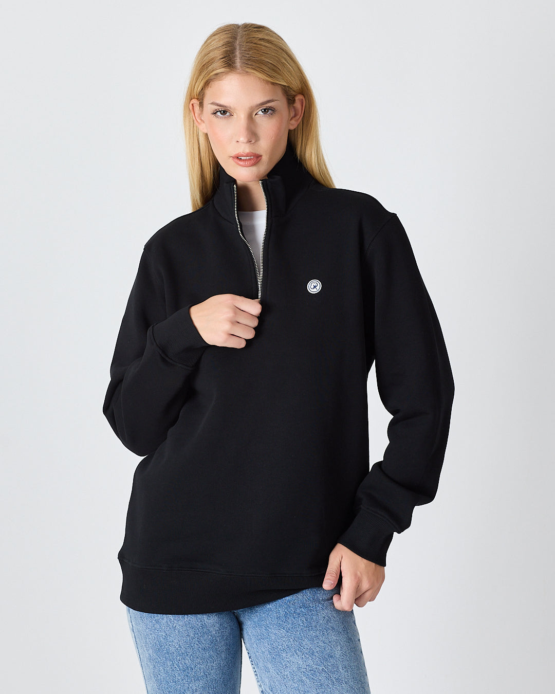 Unisex White Applique Logo Organic Cotton Standard Fit Half-Zip Sweatshirt - 1031603