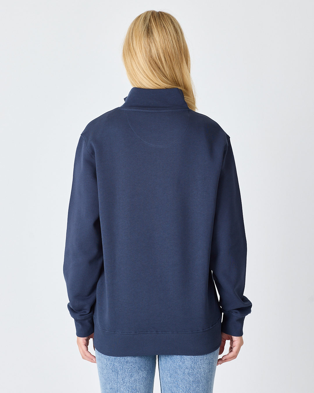 Unisex Lacivert Beyaz Aplike Logo Organik Pamuk Standart Kesim Yarım Fermuarlı Sweatshirt