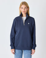 Unisex Lacivert Beyaz Aplike Logo Organik Pamuk Standart Kesim Yarım Fermuarlı Sweatshirt