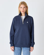 Unisex Lacivert Beyaz Aplike Logo Organik Pamuk Standart Kesim Yarım Fermuarlı Sweatshirt