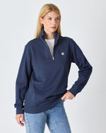 Unisex Lacivert Beyaz Aplike Logo Organik Pamuk Standart Kesim Yarım Fermuarlı Sweatshirt