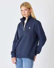 Unisex Lacivert Beyaz Aplike Logo Organik Pamuk Standart Kesim Yarım Fermuarlı Sweatshirt