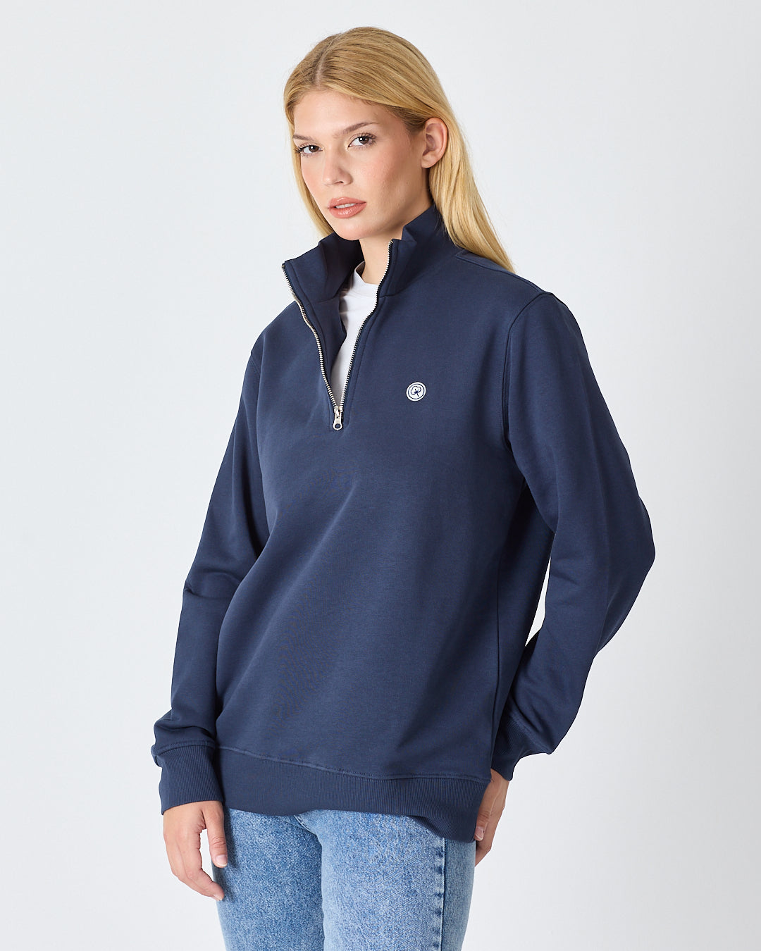Unisex Lacivert Beyaz Aplike Logo Organik Pamuk Standart Kesim Yarım Fermuarlı Sweatshirt
