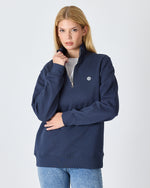 Unisex Lacivert Beyaz Aplike Logo Organik Pamuk Standart Kesim Yarım Fermuarlı Sweatshirt