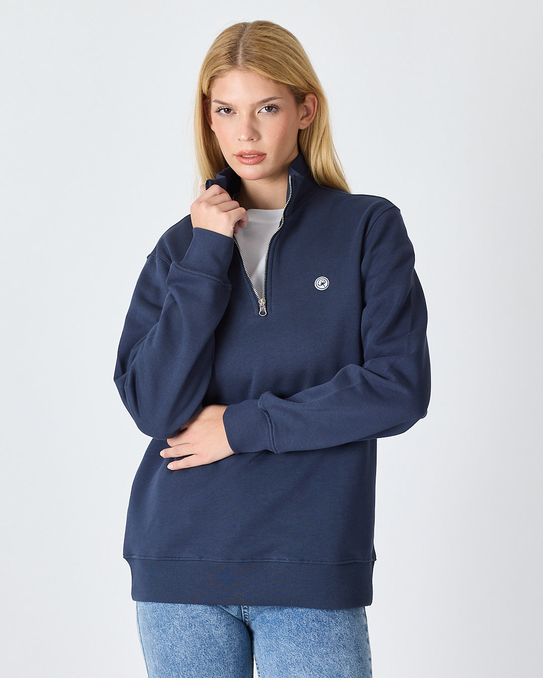 Unisex Lacivert Beyaz Aplike Logo Organik Pamuk Standart Kesim Yarım Fermuarlı Sweatshirt