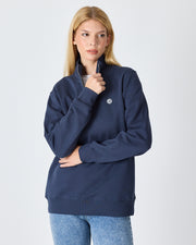 Unisex Lacivert Beyaz Aplike Logo Organik Pamuk Standart Kesim Yarım Fermuarlı Sweatshirt