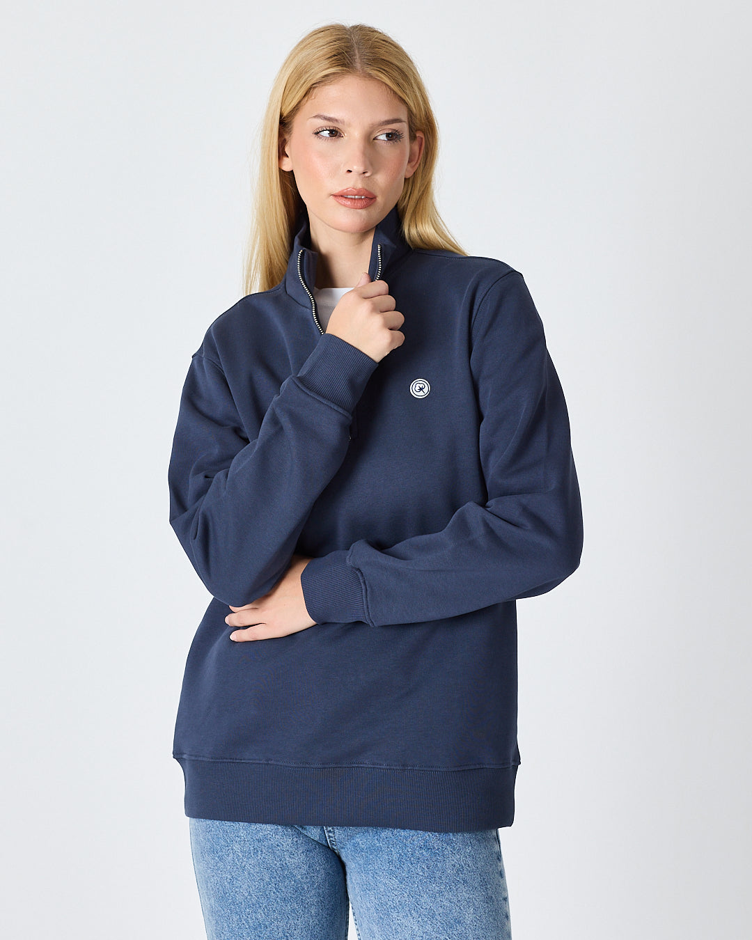 Unisex Lacivert Beyaz Aplike Logo Organik Pamuk Standart Kesim Yarım Fermuarlı Sweatshirt
