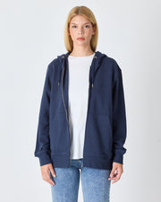 Unisex Lacivert Nakışlı Organik Pamuk Standart Kalıp Tam Fermuarlı Sweatshirt