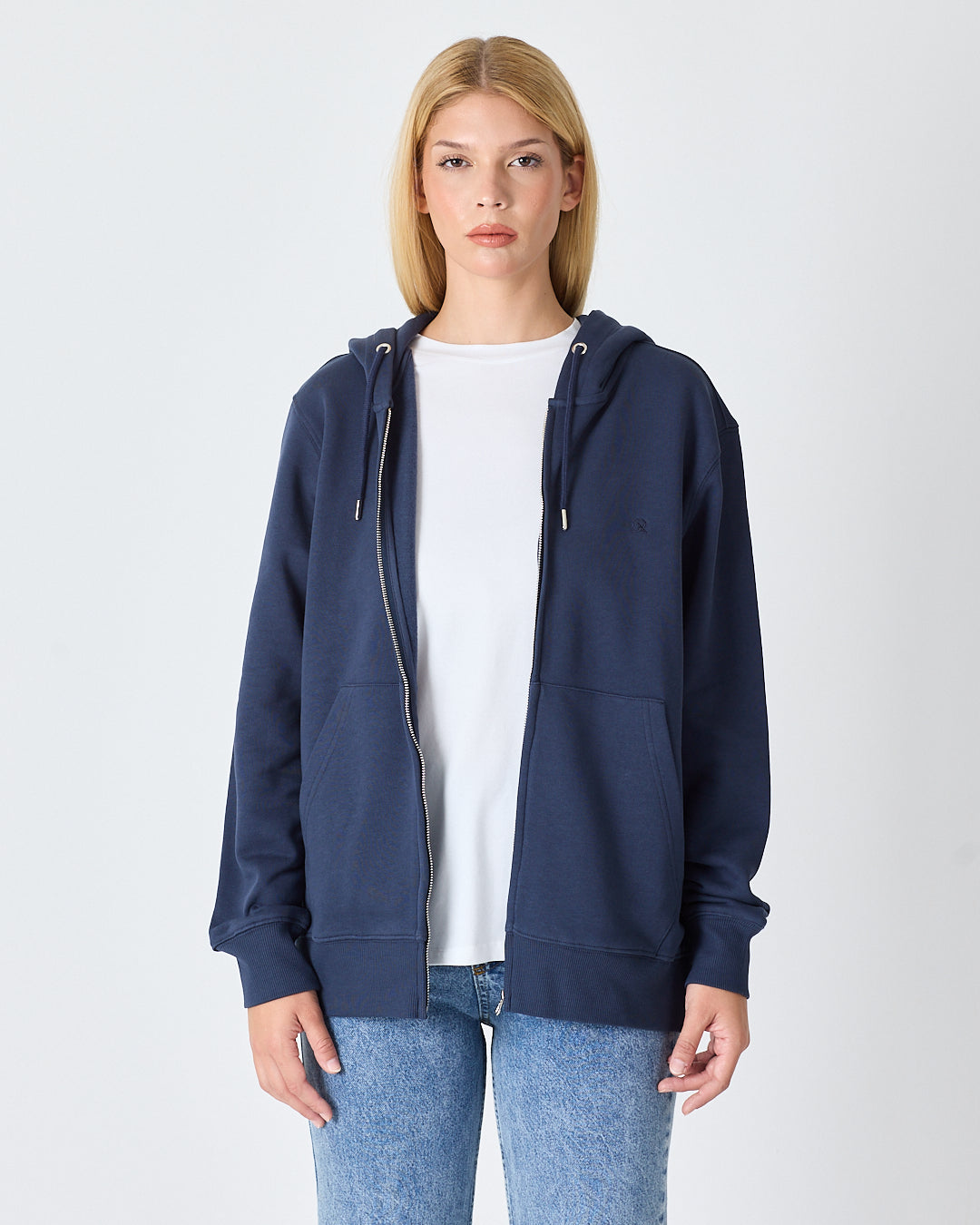 Unisex Lacivert Nakışlı Organik Pamuk Standart Kalıp Tam Fermuarlı Sweatshirt