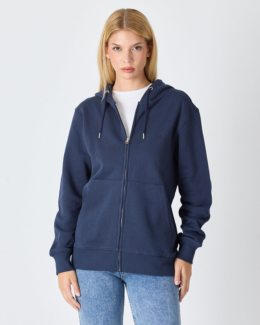 Unisex Lacivert Nakışlı Organik Pamuk Standart Kalıp Tam Fermuarlı Sweatshirt