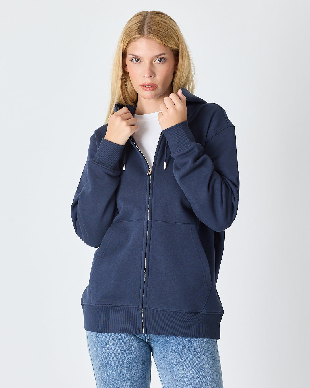 Unisex Lacivert Nakışlı Organik Pamuk Standart Kalıp Tam Fermuarlı Sweatshirt