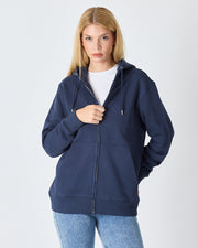 Unisex Lacivert Nakışlı Organik Pamuk Standart Kalıp Tam Fermuarlı Sweatshirt