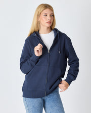 Unisex Lacivert Nakışlı Organik Pamuk Standart Kalıp Tam Fermuarlı Sweatshirt