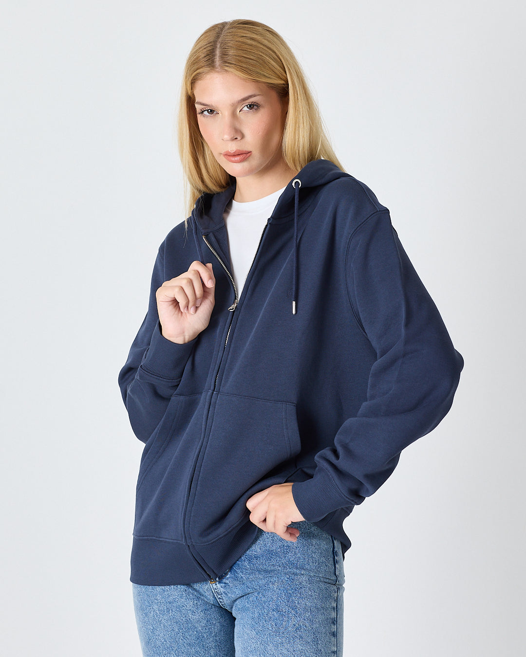Unisex Lacivert Nakışlı Organik Pamuk Standart Kalıp Tam Fermuarlı Sweatshirt