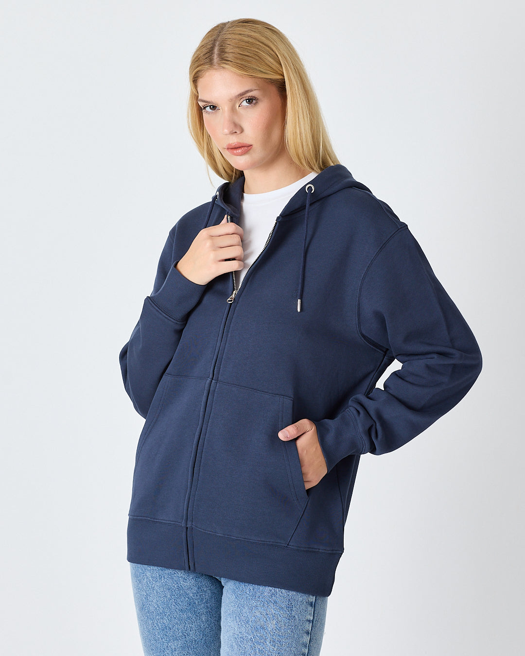 Unisex Lacivert Nakışlı Organik Pamuk Standart Kalıp Tam Fermuarlı Sweatshirt