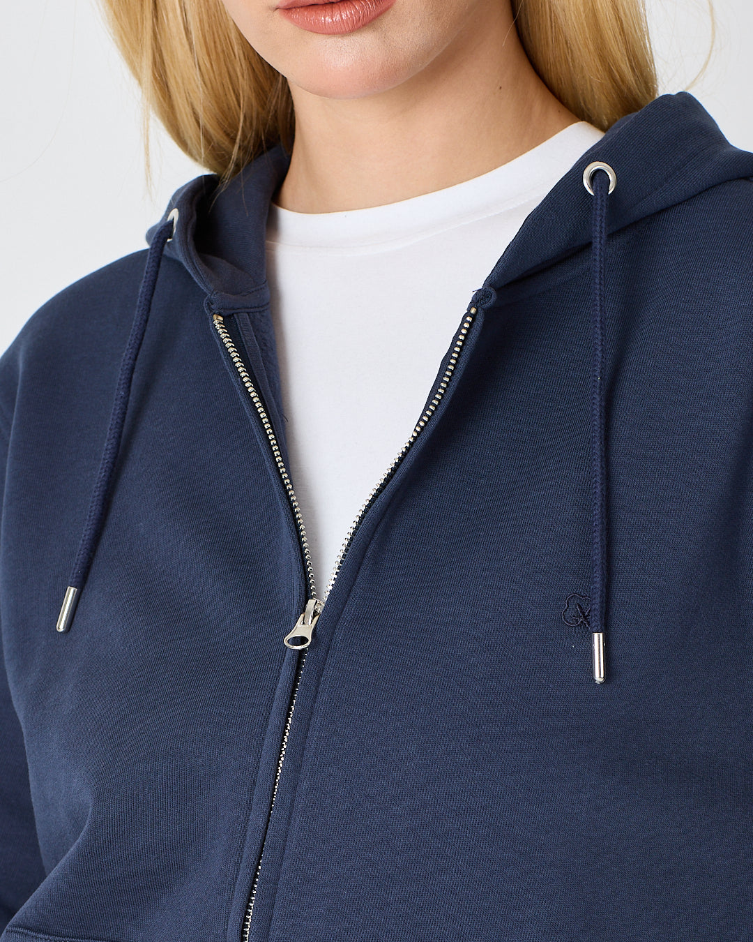 Unisex Lacivert Nakışlı Organik Pamuk Standart Kalıp Tam Fermuarlı Sweatshirt