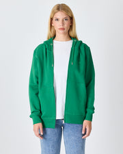 Unisex Yeşil Nakışlı Organik Pamuk Tam Fermuarlı Kapüşonlu Standart Kalıp Sweatshirt