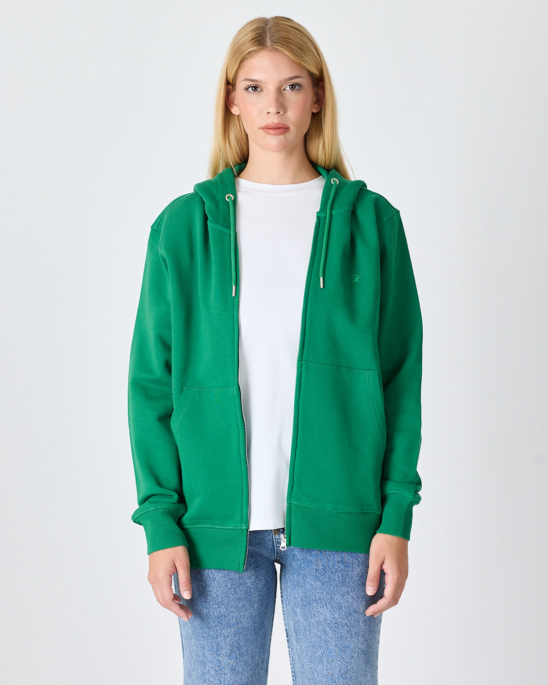 Unisex Yeşil Nakışlı Organik Pamuk Tam Fermuarlı Kapüşonlu Standart Kalıp Sweatshirt