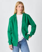 Unisex Yeşil Nakışlı Organik Pamuk Tam Fermuarlı Kapüşonlu Standart Kalıp Sweatshirt