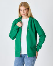Unisex Yeşil Nakışlı Organik Pamuk Tam Fermuarlı Kapüşonlu Standart Kalıp Sweatshirt