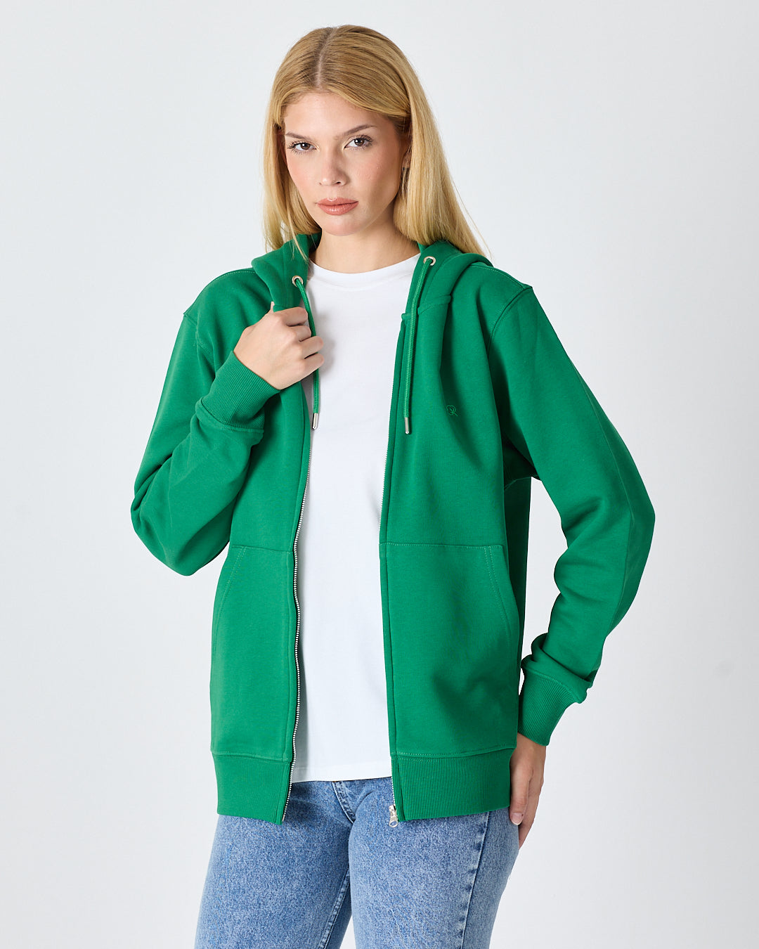Unisex Yeşil Nakışlı Organik Pamuk Tam Fermuarlı Kapüşonlu Standart Kalıp Sweatshirt