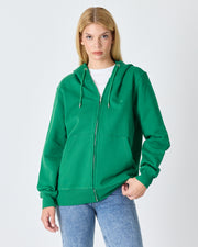 Unisex Yeşil Nakışlı Organik Pamuk Tam Fermuarlı Kapüşonlu Standart Kalıp Sweatshirt