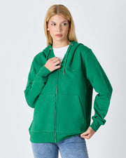 Unisex Yeşil Nakışlı Organik Pamuk Tam Fermuarlı Kapüşonlu Standart Kalıp Sweatshirt