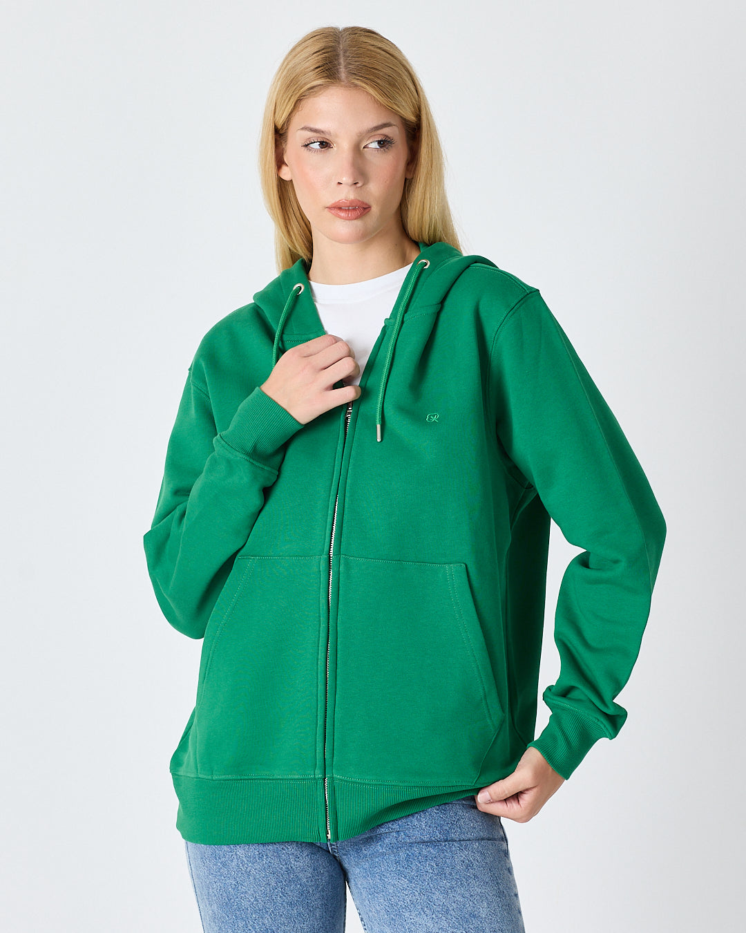 Unisex Yeşil Nakışlı Organik Pamuk Tam Fermuarlı Kapüşonlu Standart Kalıp Sweatshirt