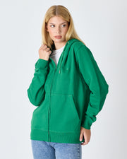 Unisex Yeşil Nakışlı Organik Pamuk Tam Fermuarlı Kapüşonlu Standart Kalıp Sweatshirt