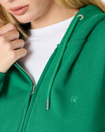 Unisex Yeşil Nakışlı Organik Pamuk Tam Fermuarlı Kapüşonlu Standart Kalıp Sweatshirt