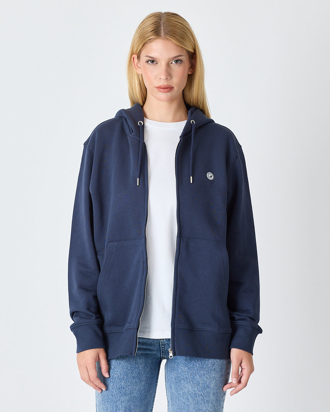 Unisex Lacivert Beyaz Aplike Logo Organik Pamuk Standart Kesim Tam Fermuarlı Kapüşonlu Sweatshirt