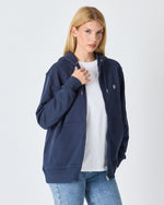 Unisex Lacivert Beyaz Aplike Logo Organik Pamuk Standart Kesim Tam Fermuarlı Kapüşonlu Sweatshirt