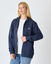 Unisex Lacivert Beyaz Aplike Logo Organik Pamuk Standart Kesim Tam Fermuarlı Kapüşonlu Sweatshirt