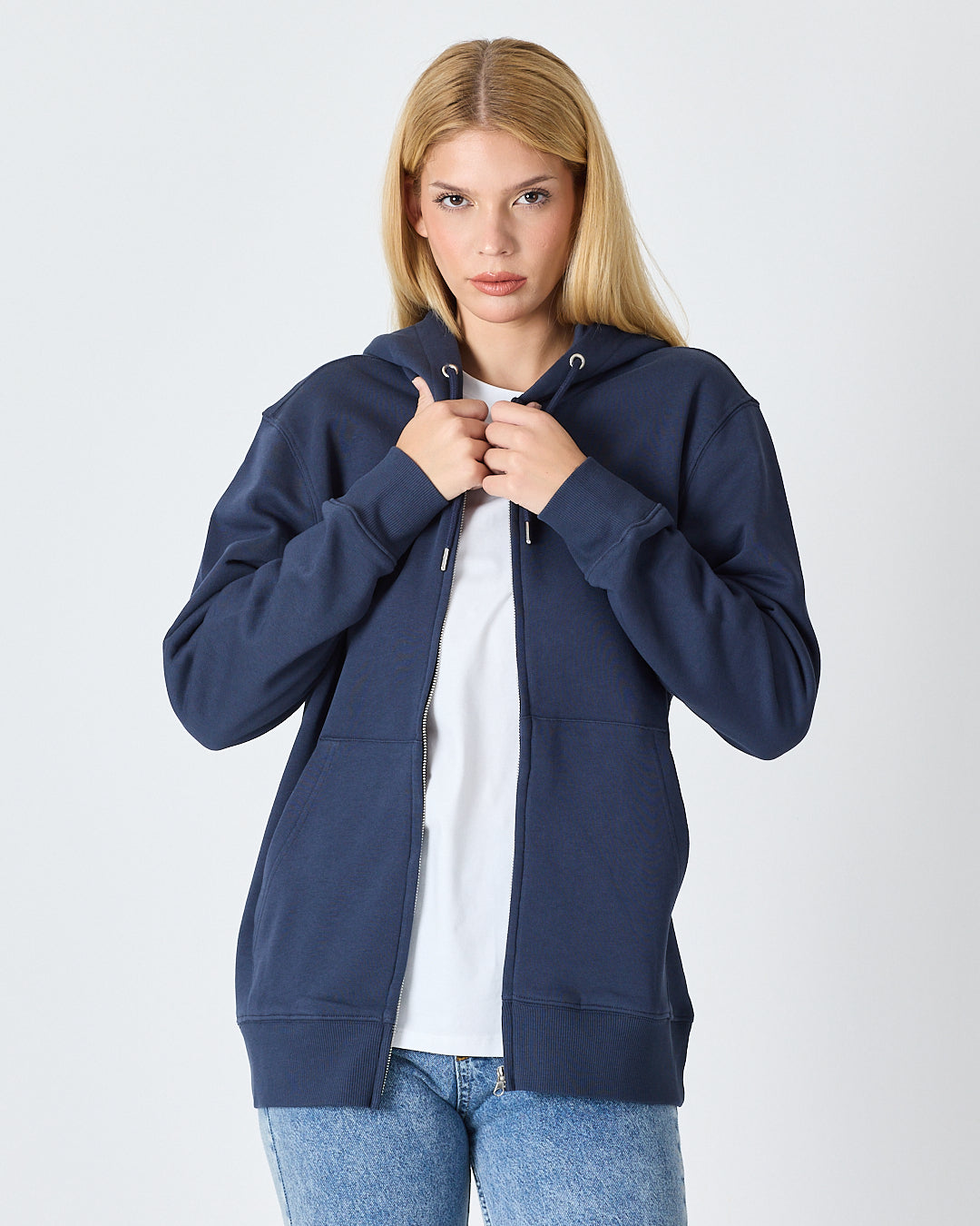 Unisex Lacivert Beyaz Aplike Logo Organik Pamuk Standart Kesim Tam Fermuarlı Kapüşonlu Sweatshirt