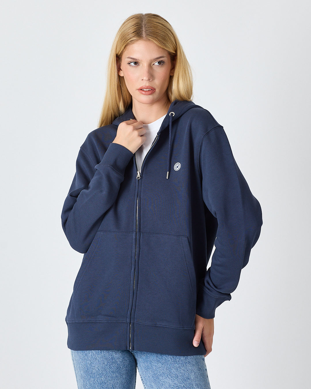 Unisex Lacivert Beyaz Aplike Logo Organik Pamuk Standart Kesim Tam Fermuarlı Kapüşonlu Sweatshirt