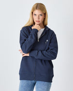 Unisex Lacivert Beyaz Aplike Logo Organik Pamuk Standart Kesim Tam Fermuarlı Kapüşonlu Sweatshirt