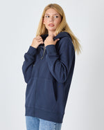 Unisex Lacivert Beyaz Aplike Logo Organik Pamuk Standart Kesim Tam Fermuarlı Kapüşonlu Sweatshirt