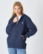 Unisex Lacivert Beyaz Aplike Logo Organik Pamuk Standart Kesim Tam Fermuarlı Kapüşonlu Sweatshirt