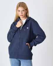 Unisex Lacivert Beyaz Aplike Logo Organik Pamuk Standart Kesim Tam Fermuarlı Kapüşonlu Sweatshirt