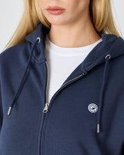 Unisex Lacivert Beyaz Aplike Logo Organik Pamuk Standart Kesim Tam Fermuarlı Kapüşonlu Sweatshirt